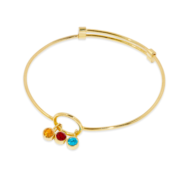 Three Stone Gold Birthstone Charm Bangle Bracelet