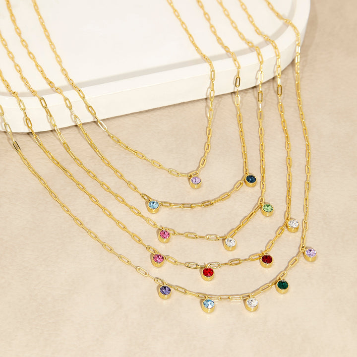 Three Gold Paperclip Chain Birthstone Charm Necklace