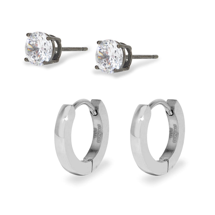 Men's Silver Round CZ Studs and Stainless Steel Petite Huggy Earring Set