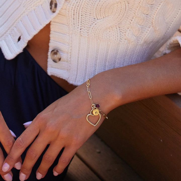 Custom Hand Stamped Initial Birthstone Heart Charm Bracelet