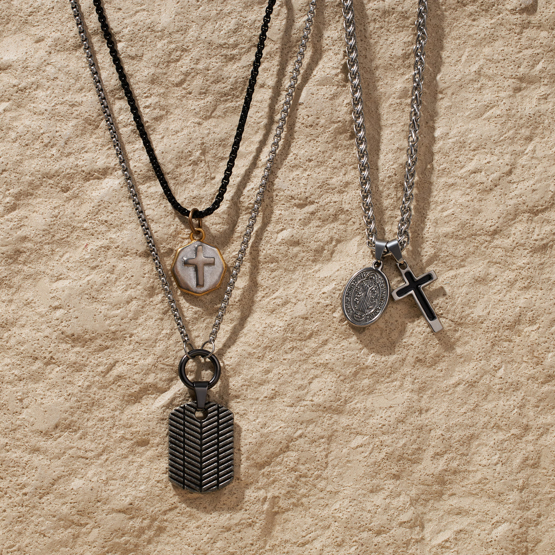 Men's Cross and Dog Tag Charm Layered Necklace