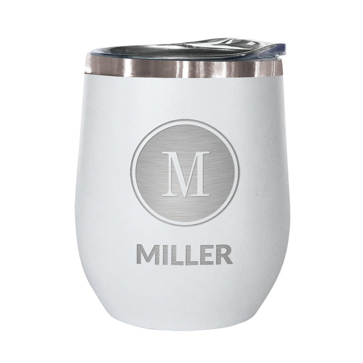 White Initial and Family Name Stemless Wine Tumbler