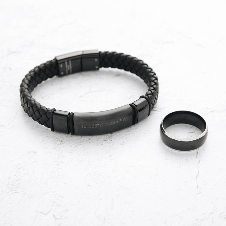 Men's Black Leather Coordinate ID Bracelet