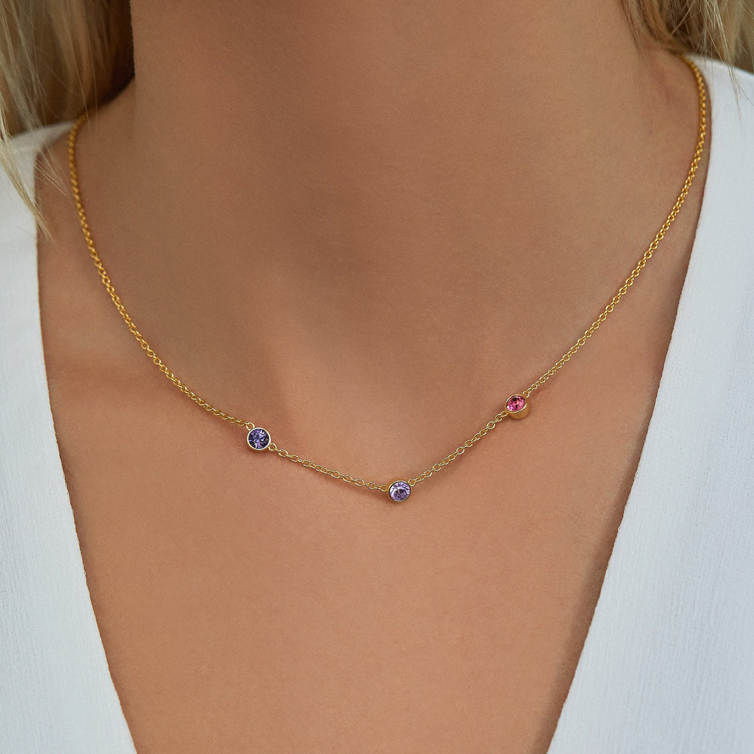 Three Stone Floating Bezel Set Birthstone Necklace