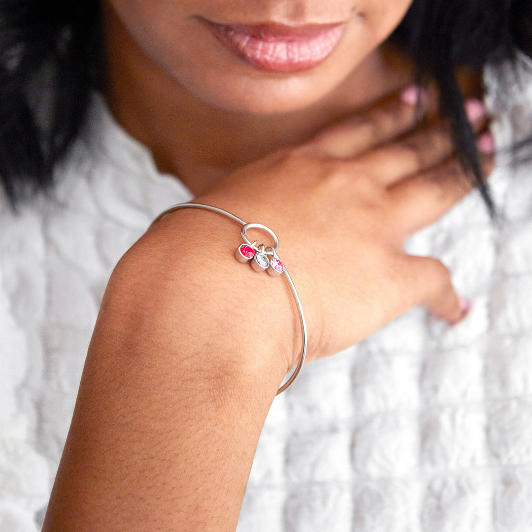 Three Stone Silver Birthstone Charm Bangle Bracelet