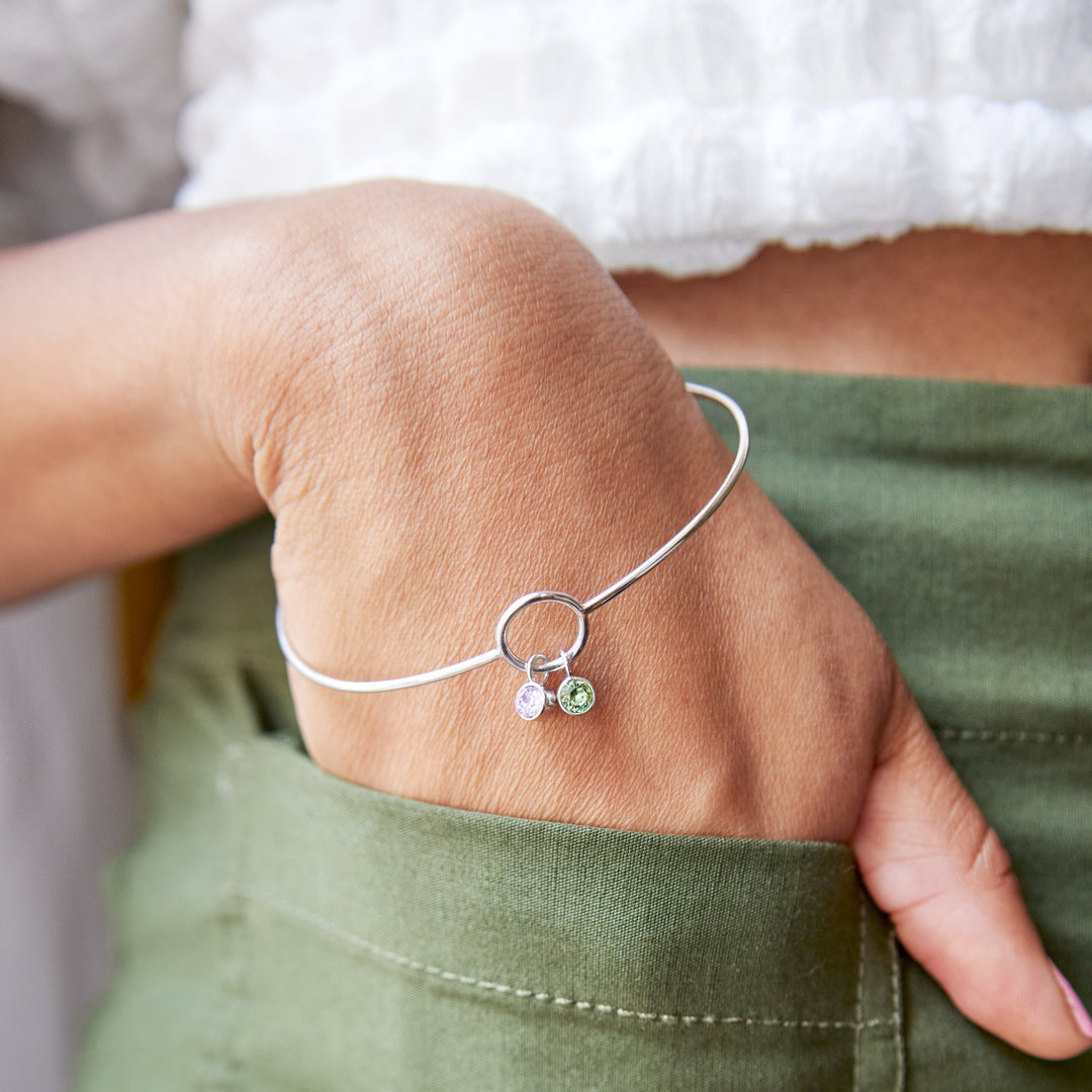 Two Stone Silver Birthstone Charm Bangle Bracelet