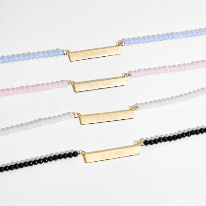 Engravable Rose Quartz Gold Date Bar Necklace