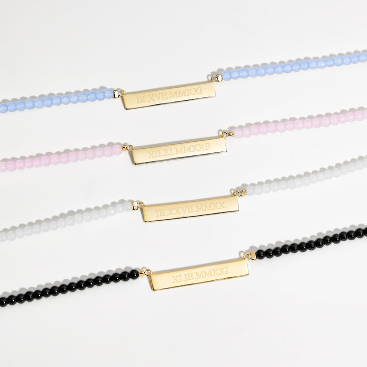 Engravable Rose Quartz Gold Roman Numeral Bar Necklace