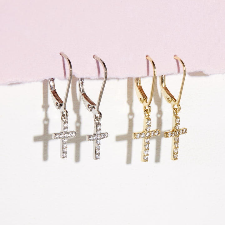 Sterling Silver CZ Cross Drop Earrings