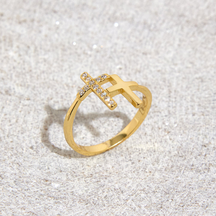 Gold Plated CZ Double Cross Ring