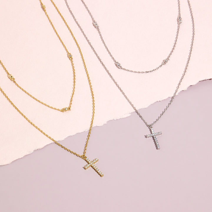 Sterling Silver CZ and Cross Layered Necklace Set