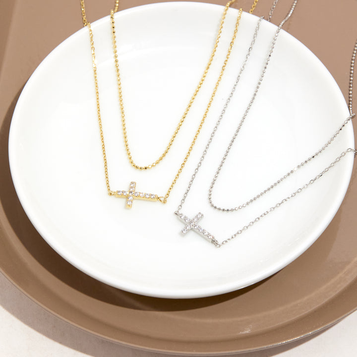 Gold Plated CZ Sideways Cross Layered Necklace Set