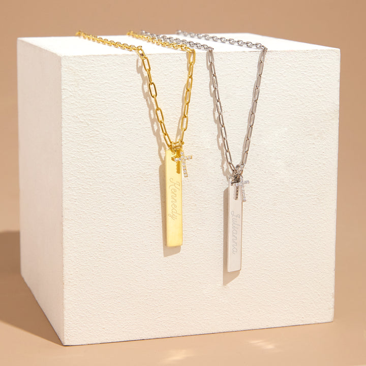 Engravable Paperclip Chain Vertical Bar Gold CZ Cross Necklace