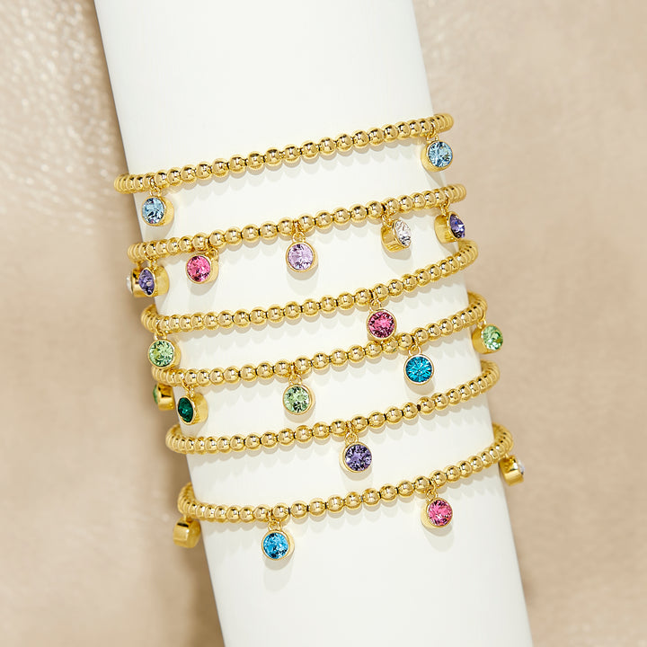 Three Gold Bezel Birthstone Charm Bead Bracelet