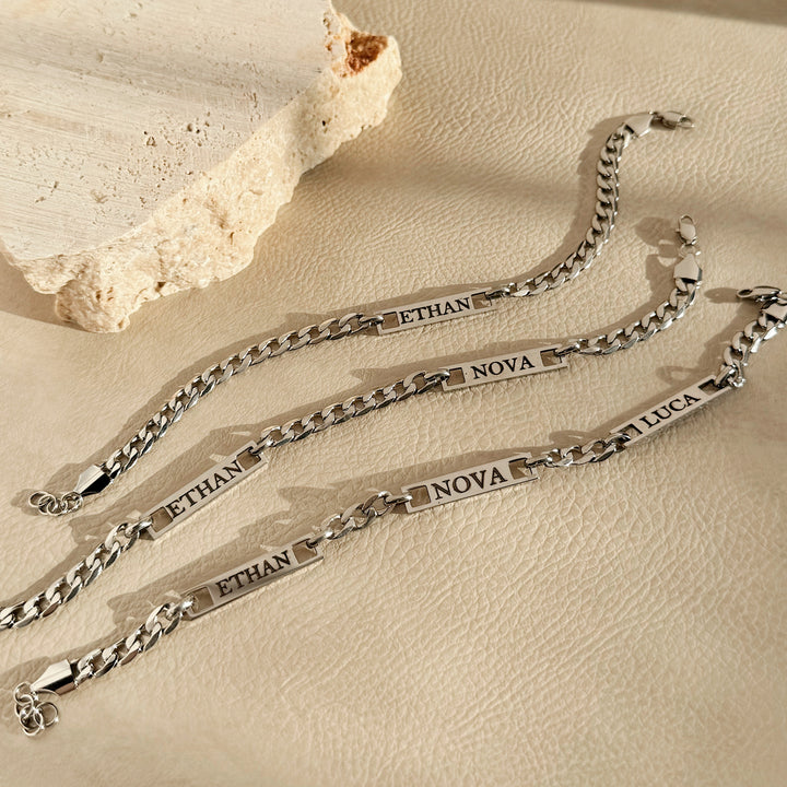 Stainless Steel Figaro Chain Engravable Three Name Bar Bracelet