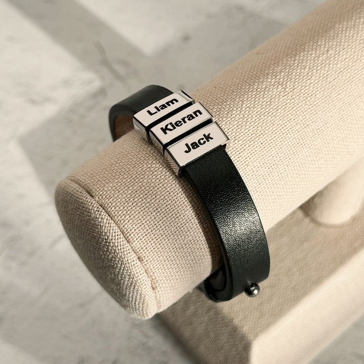 Men's Three Name ID Bar Leather Bracelet