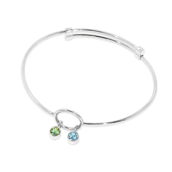 Two Stone Silver Birthstone Charm Bangle Bracelet