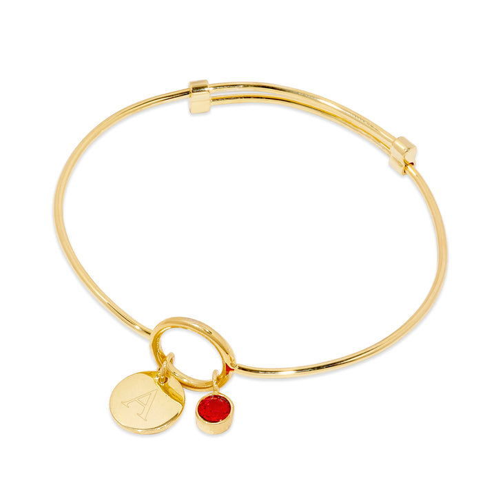 Custom Gold Birthstone and Initial Charm Bangle Bracelet