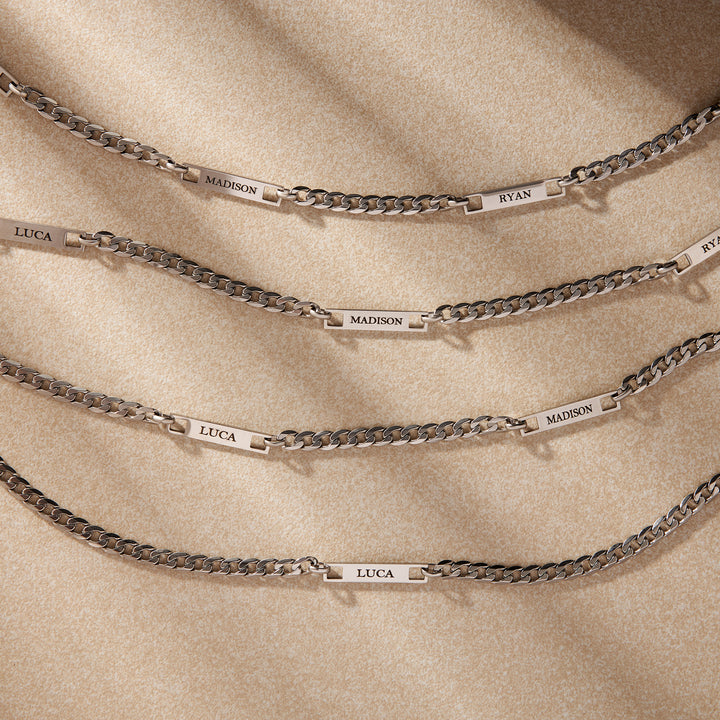 Stainless Steel Figaro Chain Engravable Three Name Bar Necklace