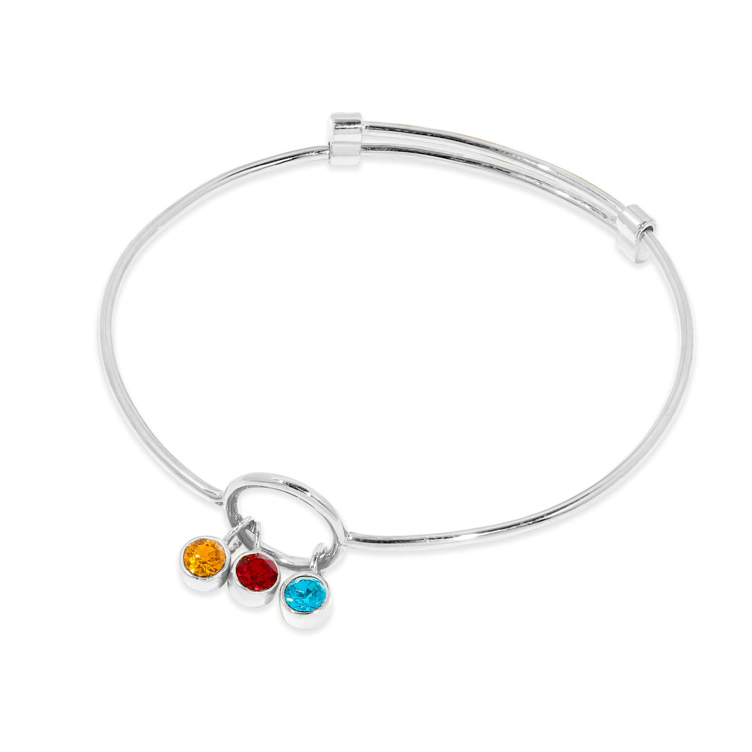 Three Stone Silver Birthstone Charm Bangle Bracelet