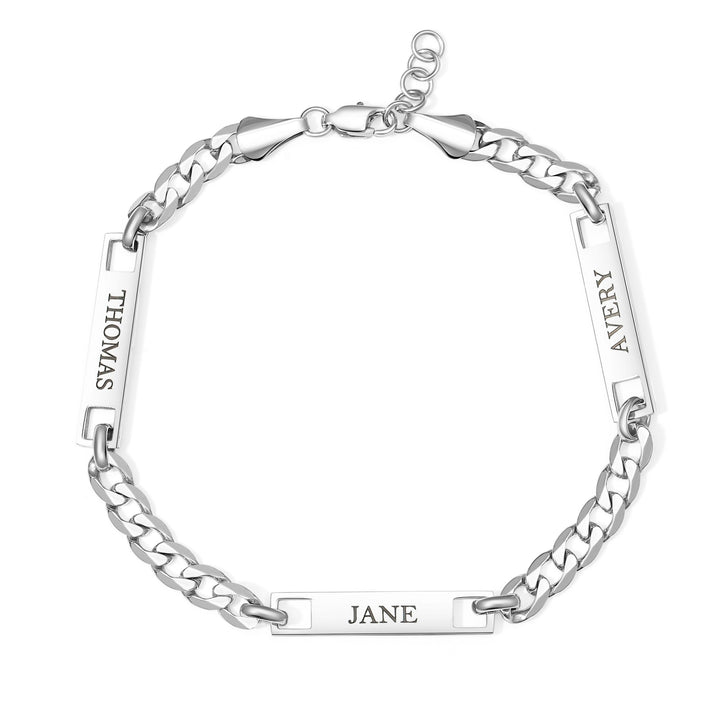 Stainless Steel Figaro Chain Engravable Three Name Bar Bracelet