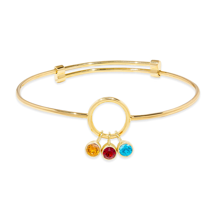 Three Stone Gold Birthstone Charm Bangle Bracelet