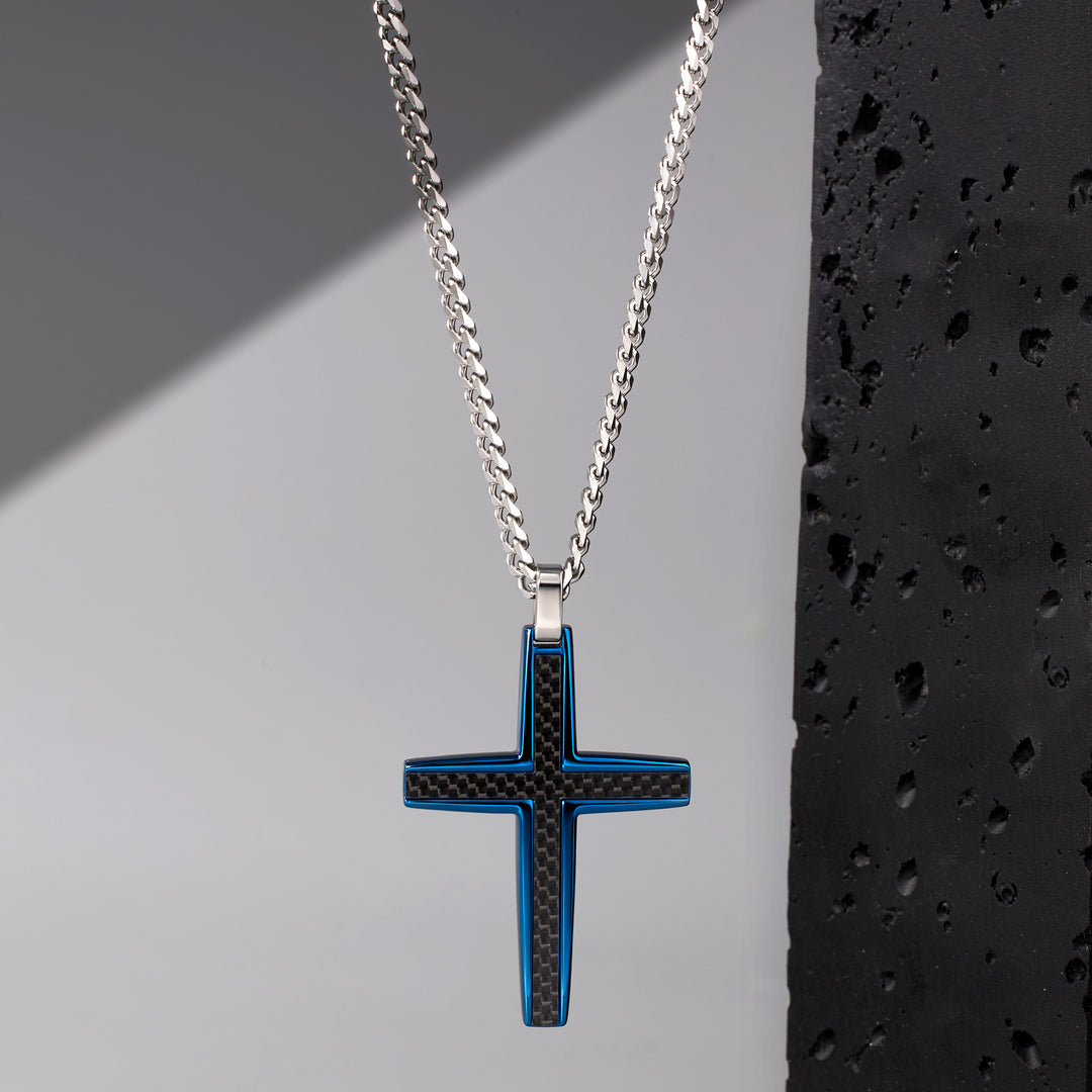 Men's Blue Stainless Steel Cross Pendant