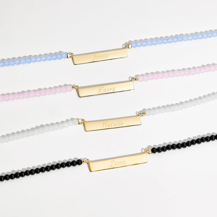 Engravable Rose Quartz Gold Name Bar Necklace