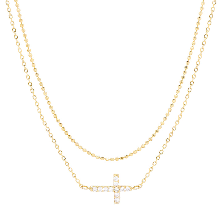 Gold Plated CZ Sideways Cross Layered Necklace Set