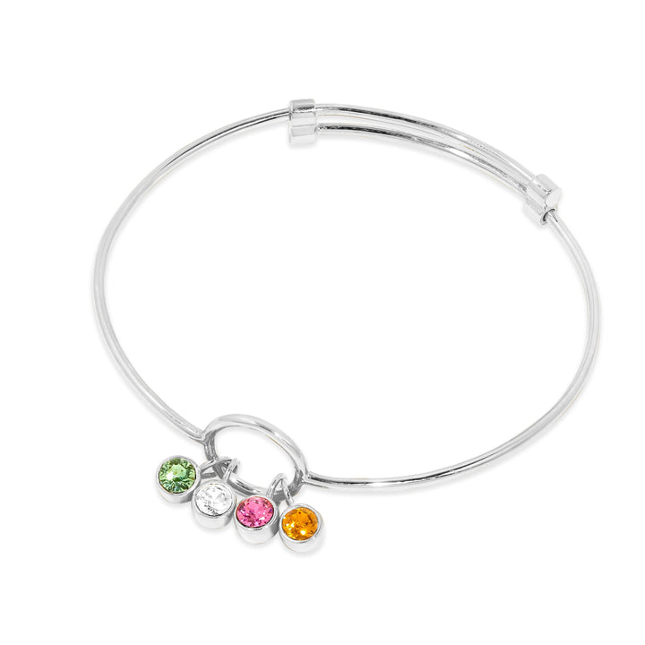 Four Stone Silver Birthstone Charm Bangle Bracelet