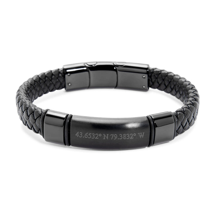 Custom Coordinate Men's Genuine Leather Matte Black ID Bracelet