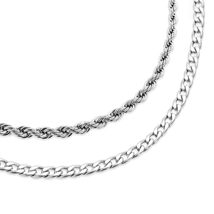 Men's Stainless Steel Cuban and Rope Chain Double Row Necklace