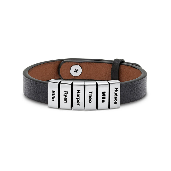 Men's Six Name ID Bar Leather Bracelet