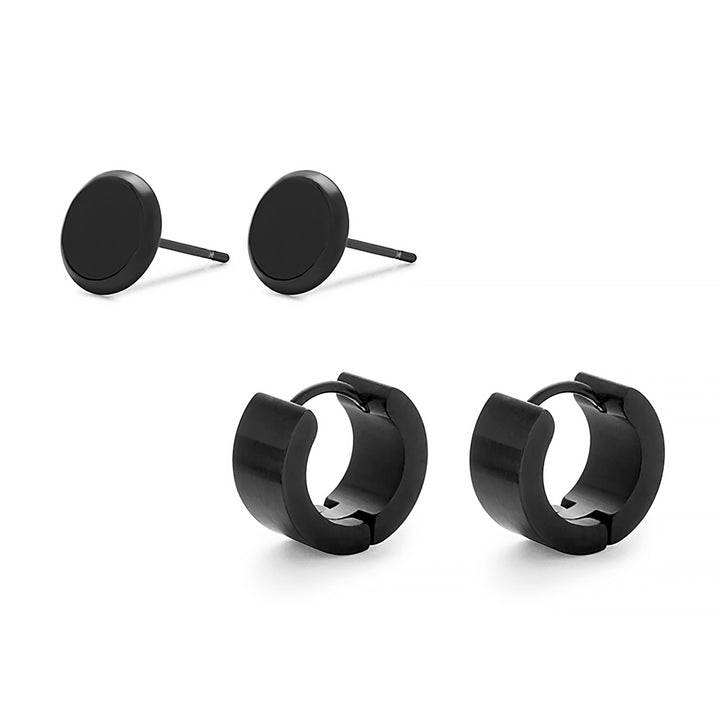 Men's Black Stainless Steel Stud and Black Stainless Steel Huggie Earring Set