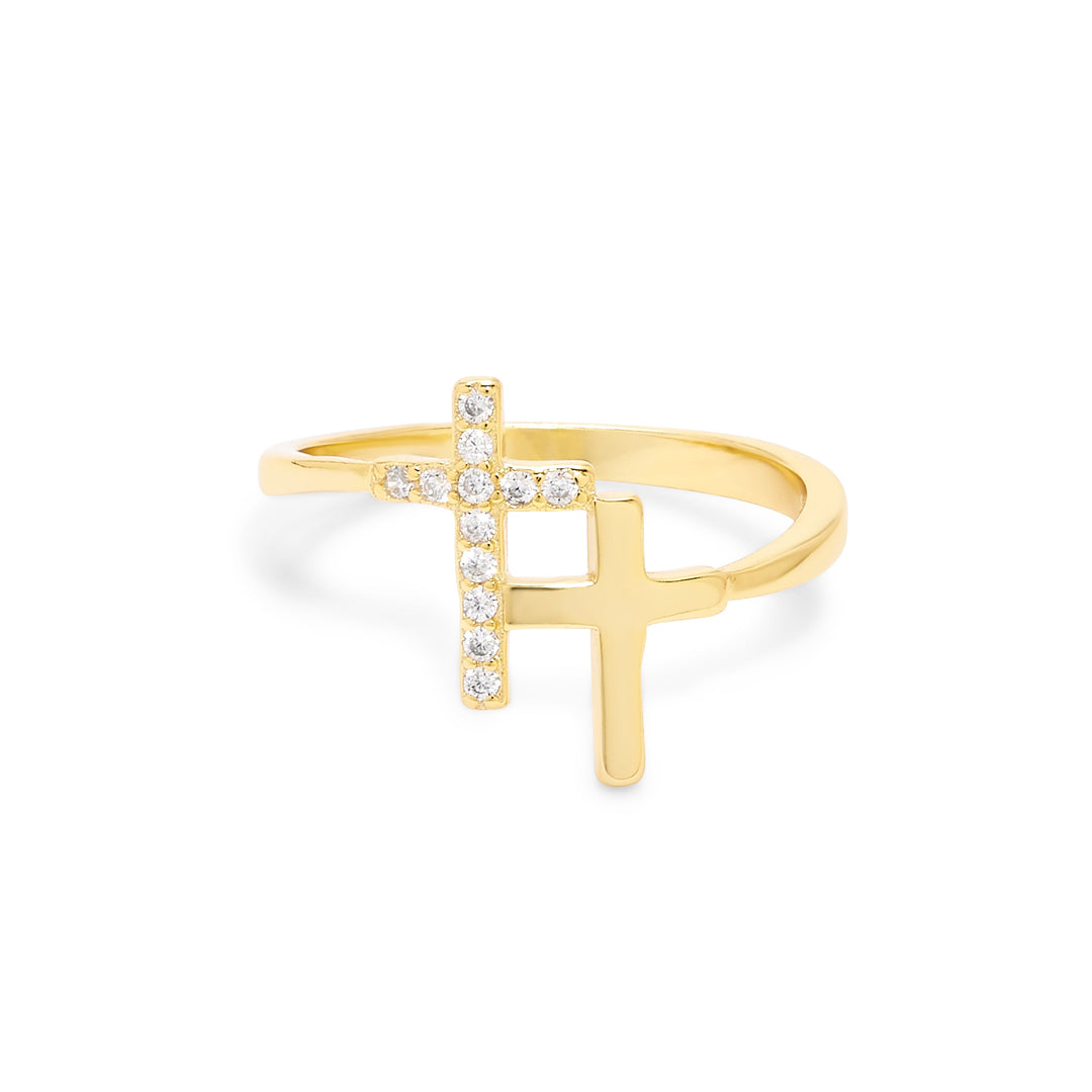 Gold Plated CZ Double Cross Ring