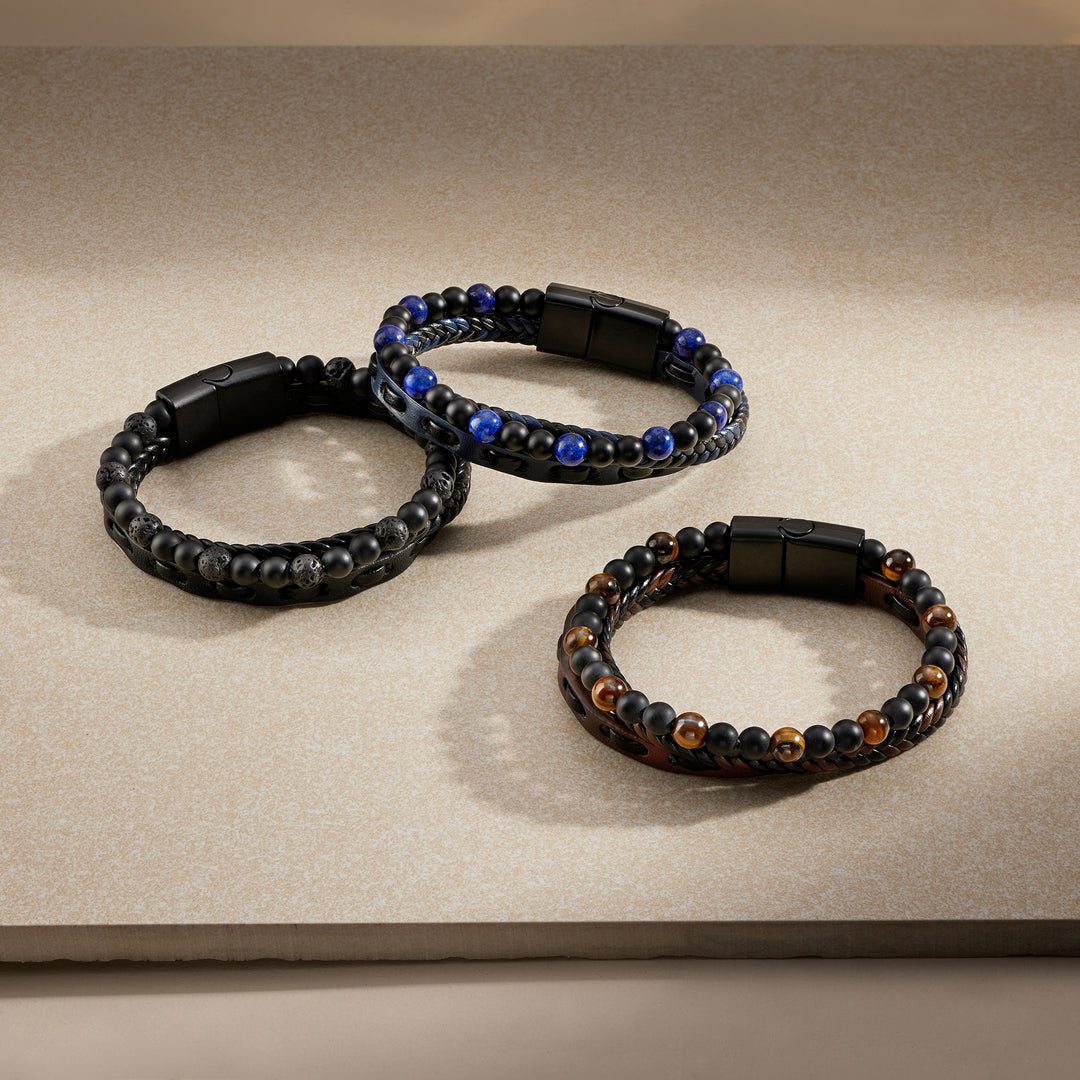 Men's Woven Leather and Beaded Bracelet