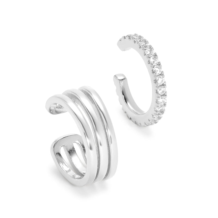 Sterling Silver CZ and Triple Cuff Earring Set