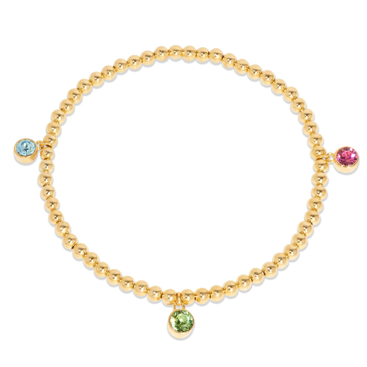 Three Gold Bezel Birthstone Charm Bead Bracelet