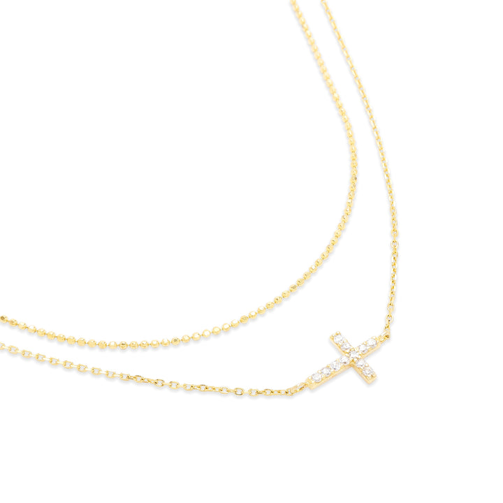 Gold Plated CZ Sideways Cross Layered Necklace Set