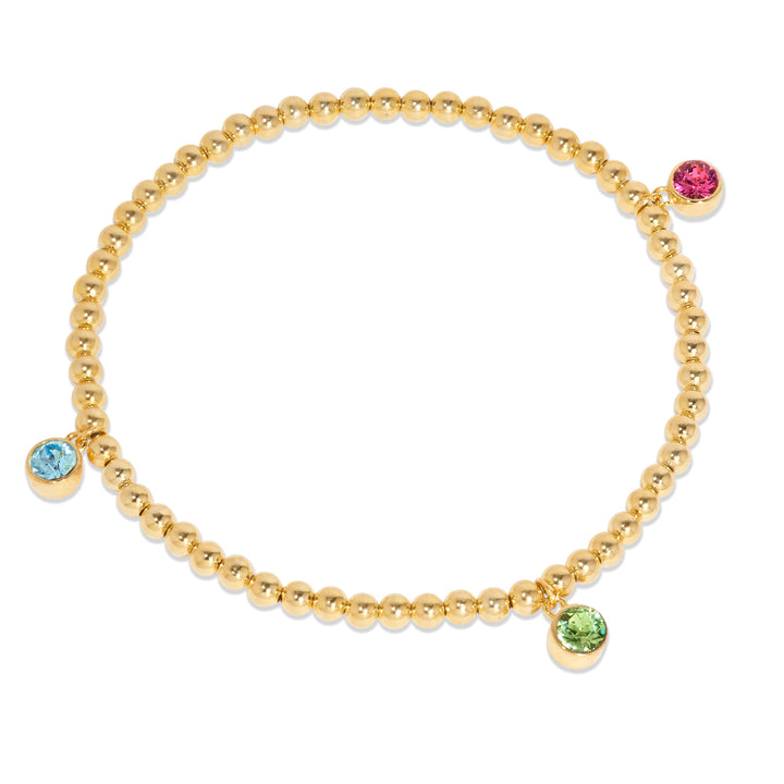 Three Gold Bezel Birthstone Charm Bead Bracelet