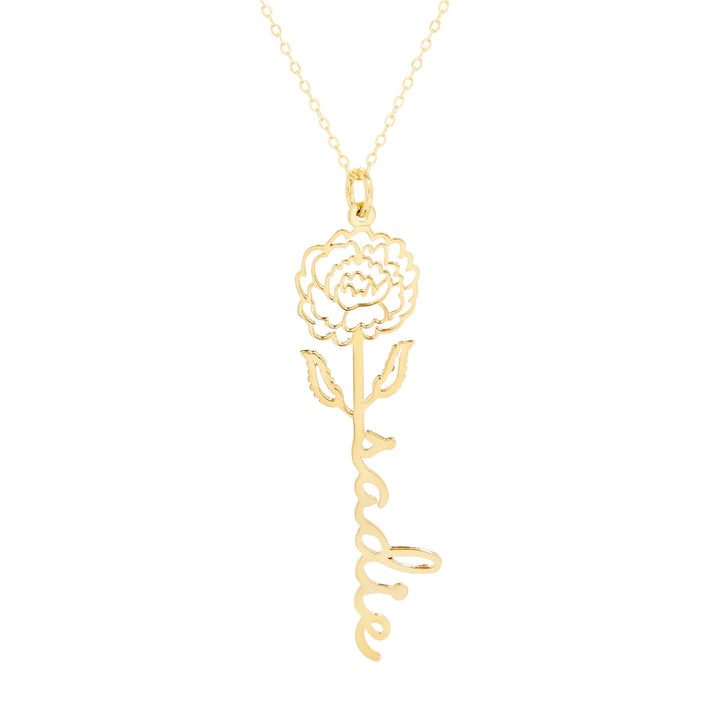 September Gold Birth Flower Name Necklace - Peony