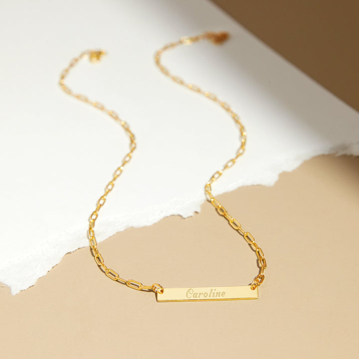 Engravable Paperclip Chain Gold Name Bar Necklace