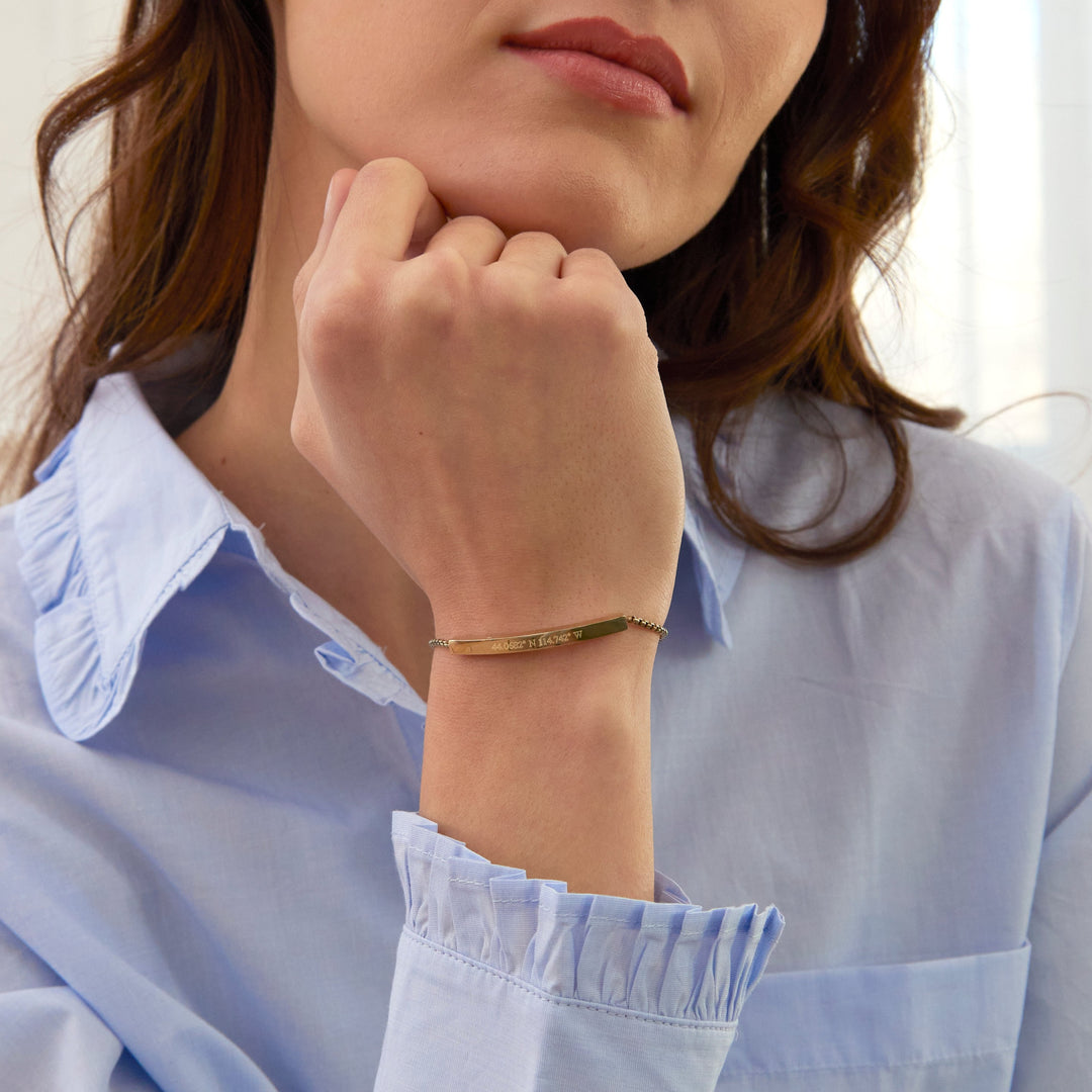 Custom Coordinate Name Bar Gold Bolo Bracelet