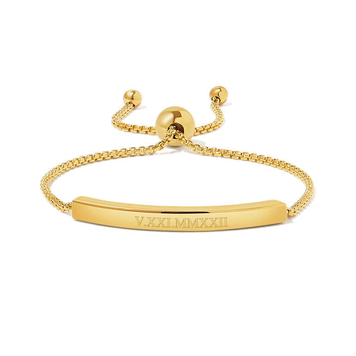 Roman Numeral Name Bar Gold Bolo Bracelet