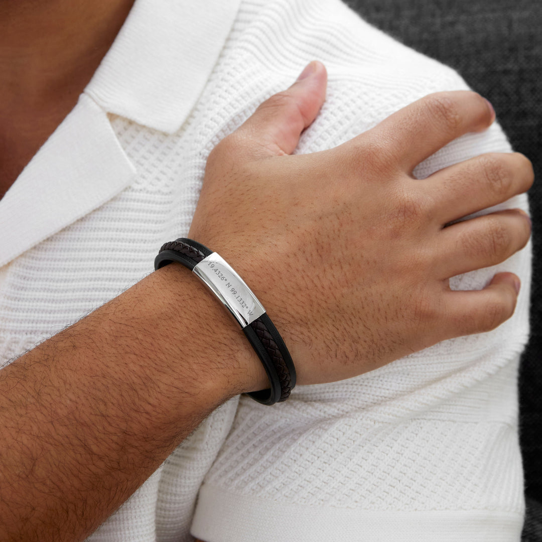 Custom Coordinate Men's Black with Brown Braided Leather ID Bracelet