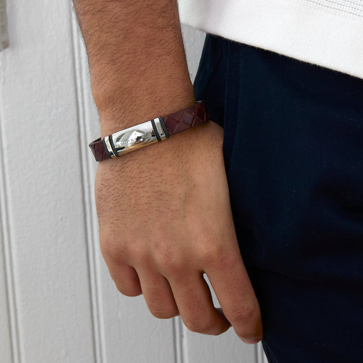 Custom Coordinate Men's Brown Woven Leather ID Bracelet