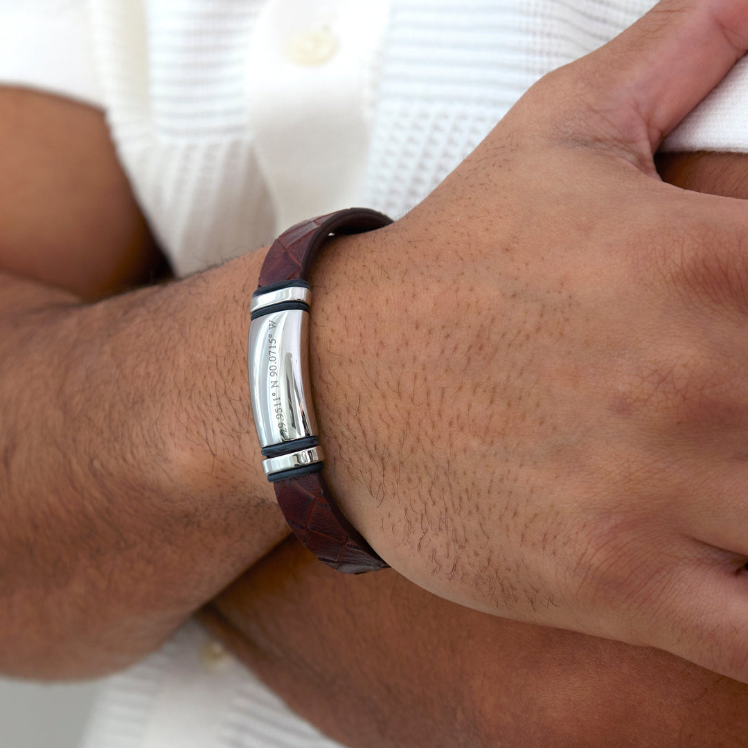 Custom Coordinate Men's Brown Woven Leather ID Bracelet