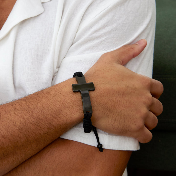 Men's Black Stainless Steel Adjustable Cross Bracelet