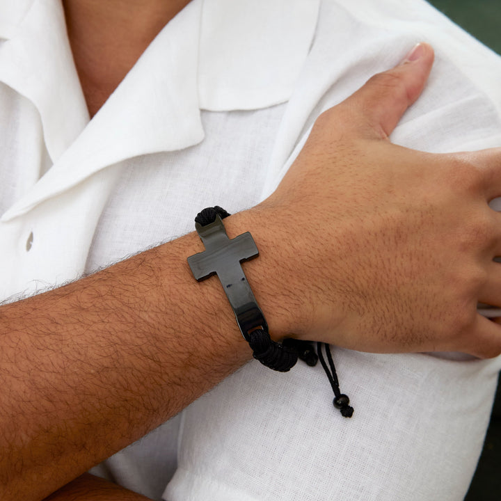 Men's Black Stainless Steel Adjustable Cross Bracelet