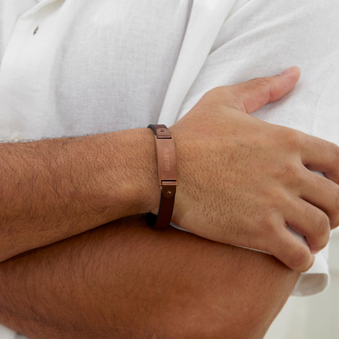 Men's Brushed Brown Stainless Steel Leather ID Bracelet